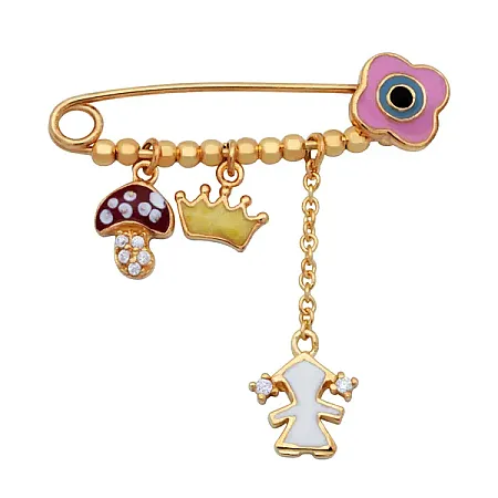 Woofie, Παιδική, ασημένια παραμάνα, γούρι για νεογέννητο κορίτσι, επιχρυσωμένη με σμάλτο, ζιργκόν, μάτι βασκανίας, σταυρό & κρεμαστά στοιχεία όπως μανιτάρι, κοριτσάκι & κορώνα