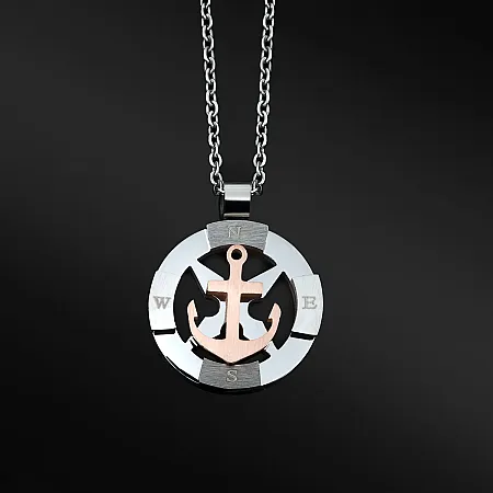 TRIBUTE, αντρικό, κολιέ, από, ανοξείδωτο, ατσάλι με άγκυρα, πυξίδα, μαύρο, ροζ, επιπλατίνωμα,