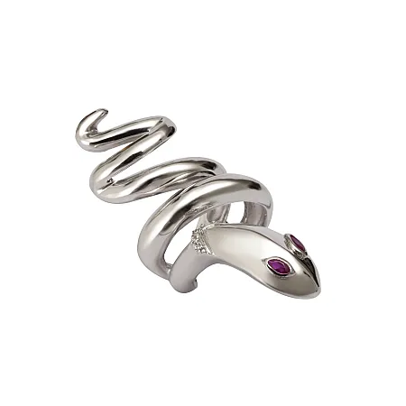 silverline, γυναικείο, ασημένιο δαχτυλίδι «φίδι» με άσπρο επιπλατίνωμα, & κόκκινα ζιργκόν