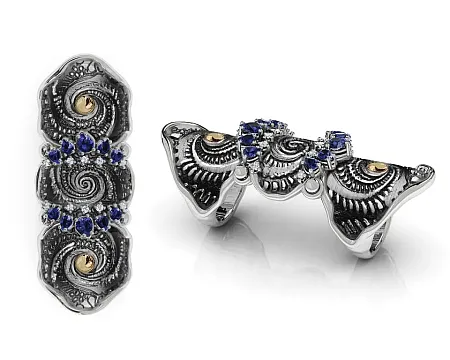 Δαχτυλίδι, γυναικείο, διπλό, ασημένιο, με φλούδα χρυσού Κ18, μπλε  ζαφείρια 2,46 CT , άσπρα τοπάζια & ασπρόμαυρο επιπλατίνωμα, silverline, 0430658001