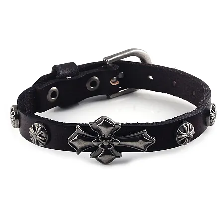 Ανδρικό, βραχιόλι δερμάτινο με σταυρό  από ανοξείδωτο ατσάλι, free size,TRIBUTE, 0230445102