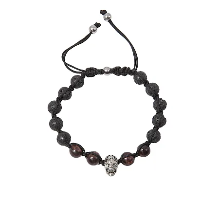Βραχιόλι ανδρικό με ανοξείδωτο ατσάλι, νεκροκεφαλή, λάβα & μάτι τίγρης,TRIBUTE,