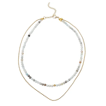 Διπλό γυναικείο κολιέ από ανοξείδωτο ατσάλι με αμαζονίτες, 40+7cm, silverline