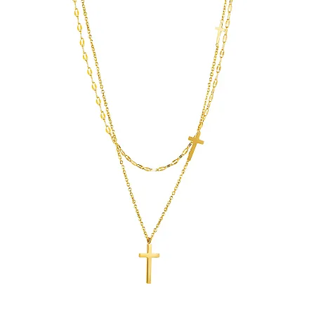 Γυναικείο κολιέ layering από ανοξείδωτο ατσάλι, επίχρυσο με σταυρούς, 41+5 εκατοστά,silverline,0330344601